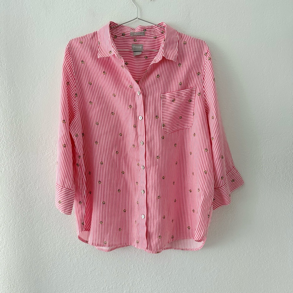 No Iron 100% Linen Bee Print Striped Button-Up Shirt 3/4 Sleeve Size 14 - Picture 1 of 8
